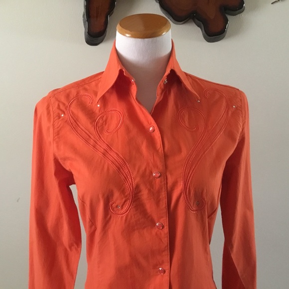 ROCKIES ORANGE WESTERN EMBROIDERED & BLING ORANGE SNAP BUTTON DOWN SHIRT/ SZ S - Picture 6 of 12